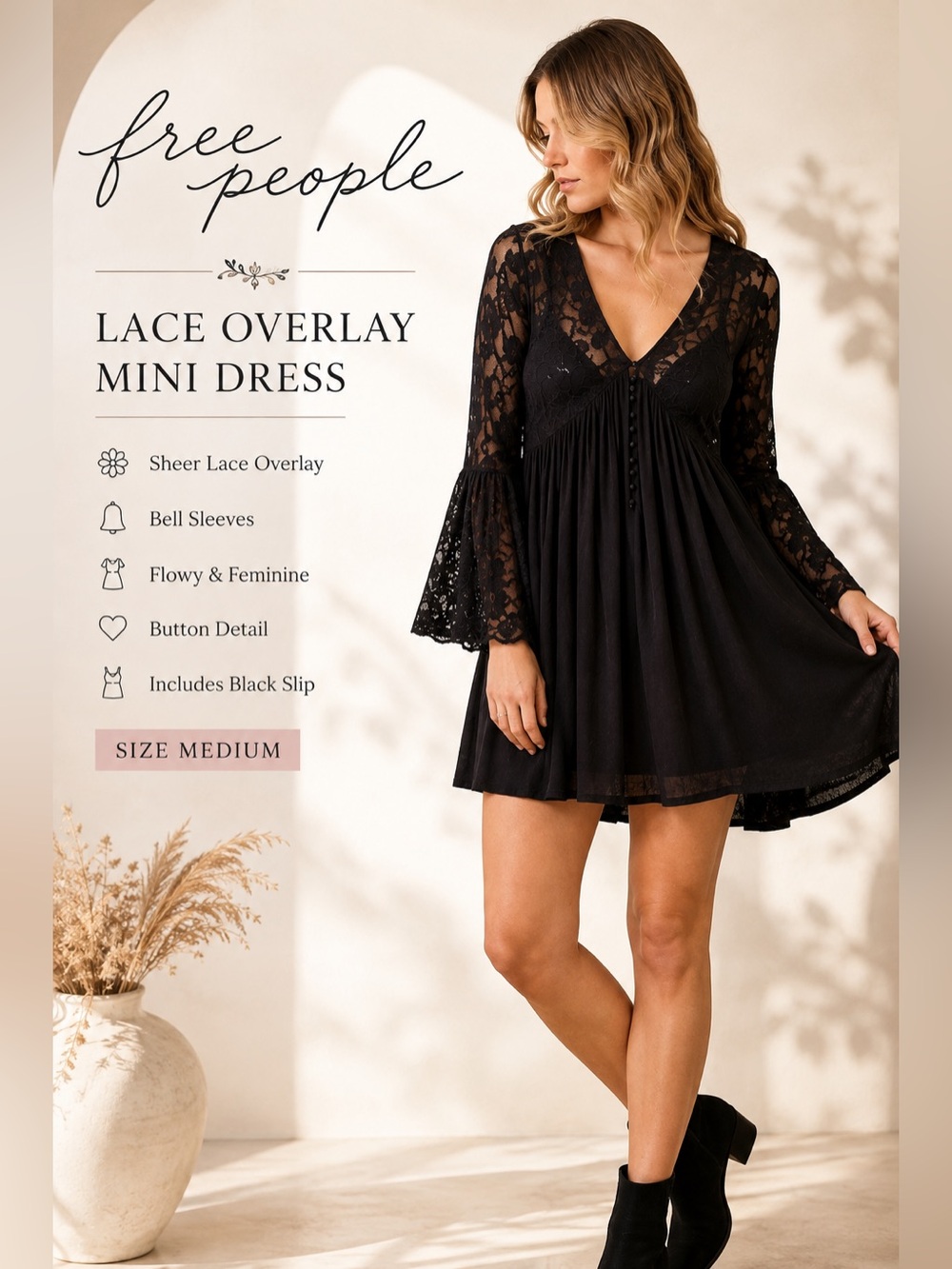 Free People Black Lace Overlay Mini with Bell Sleeves